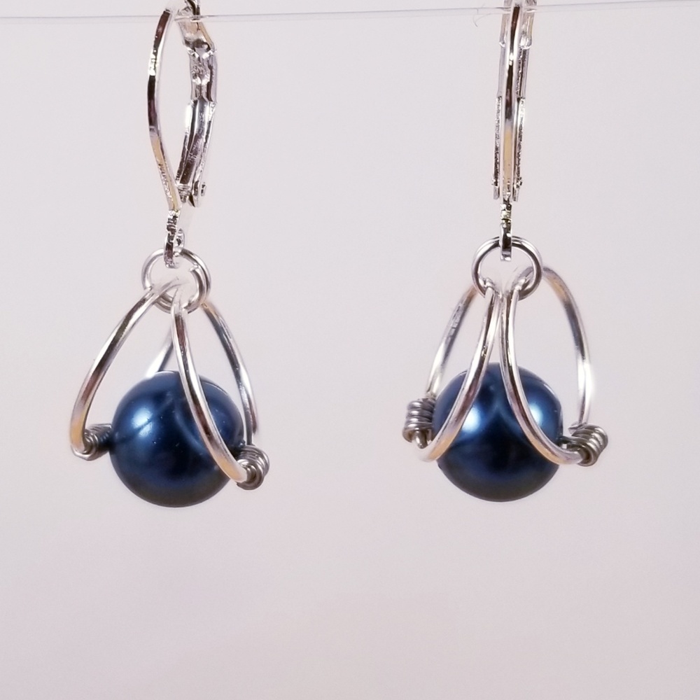 Glass Teal Blue Pearl Silver Earrings